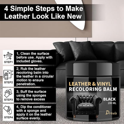 Black Leather Recoloring Balm, Leather Repair Kit for Furniture, Leather Scratch Remover, Leather Color Restorer for Couch, Car Seats, Shoes - Repair Leather Dye for Scratched and Faded Leather