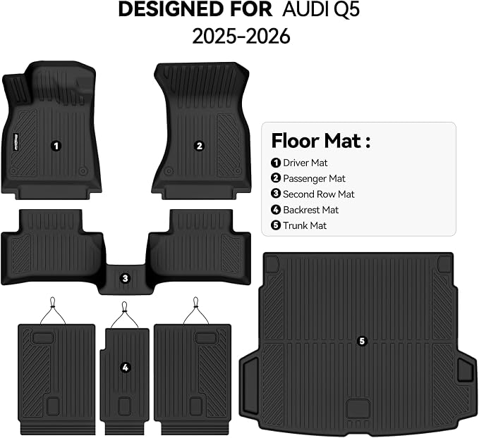 Floor Mats for Audi Q5 2025 2026(Not for PHEV), Trunk Mat and Backrest Mat All Weather TPE Protector for Audi Q5 Accessories