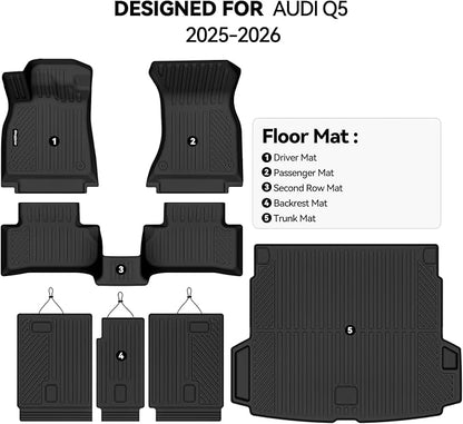 Floor Mats for Audi Q5 2025 2026(Not for PHEV), Trunk Mat and Backrest Mat All Weather TPE Protector for Audi Q5 Accessories