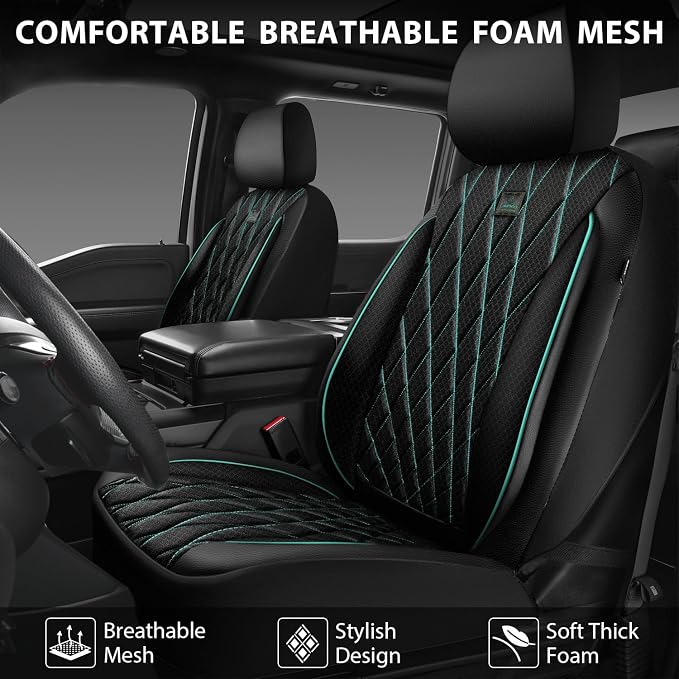 CAR PASS Thick Foam 3D Air Mesh Leather Car Seat Covers Front Seats Only, Breathable Premuim Leather Two Front Seat Cover, Airbag Compatible Universal Fit for 95% Sedan Van Truck SUV,Black and Mint