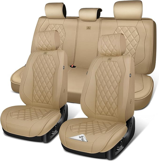 CAR PASS Luxury Nappa Leather Seat Covers Full Set, 3D Rhombus Waterproof Faux Leather Seat Covers, Universal Automotive Seat Cushion Fit for Most Sedan SUV Truck Van, Armrest Airbag Compatible Beige