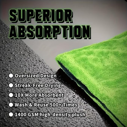 1200GSM Microfiber Car Drying Towel, Double-Twist Loop, Ultra-Absorbent, Quick-Dry, Lint- & Streak-Free, Scratch-Safe, for Car Wash & Detailing (1 Pack) (Dark Grey & Green, 16" x 16")