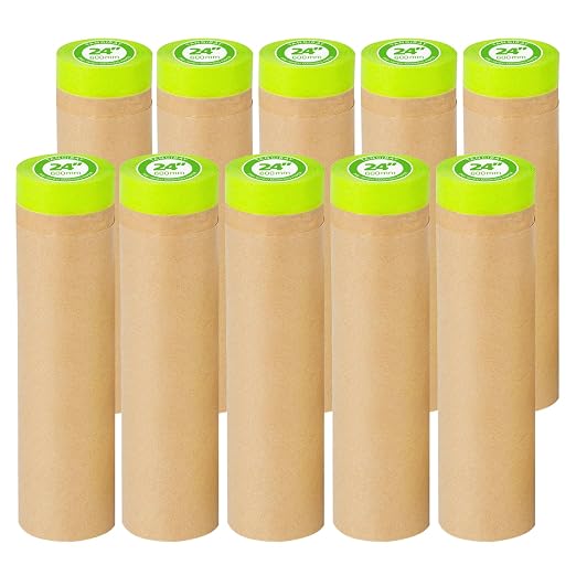 Tangibay Pre-Taped Masking Paper for Painting - 24" x 50' Painters Paper and Tape Attached for Automotive and House Paint Protection, Covering Windows, Skirting, Frames, Cars and Auto-Body (10 Rolls)
