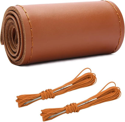Wevdn Genuine Leather Steering Wheel Cover, Stitch on Wrap, DIY Sewing Steering Wheel Protector, 15 Inch Breathable Non-Slip Steering Wheel Protector, Car Accessories (Brown, Glossy)