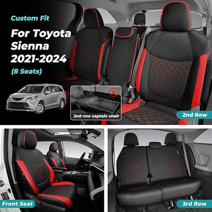 Customized for Toyota Sienna Seat Covers 2021-2026 Sienna 8 Seats 3 Row, Leather Car Seat Covers Waterproof Seat Covers Full Set for Cars, Car Seat Protectors, Airbag Compatible(BlackRed)