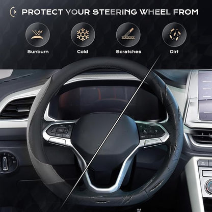 Coverado Nappa Leather Steering Wheel Cover Universal 14-15 Inch Anti-Slip Breathable Steering Wheel Protector Luxury Auto Decor for Men Women Black Gray