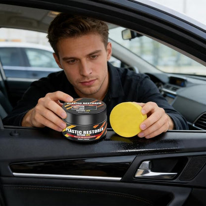 Car Trim Restorer - 50g Repair Agent, Long Lasting Black Shine Coating with Sponge Applicator | Auto Detailing Solution for Interior Exterior Tire Headlight Engine Wheel Dash
