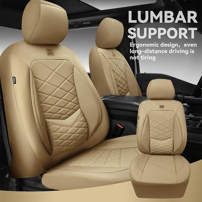 CAR PASS Luxury Nappa Leather Seat Covers Full Set, Water Resistant Faux Leather Seat Cover with Lumbar Support, Breathable Automotive Seat Covers Universal Fit for Sedan SUV Van Truck, Pure Beige