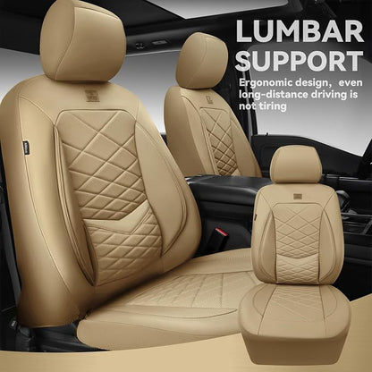 CAR PASS Luxury Nappa Leather Seat Covers Full Set, Water Resistant Faux Leather Seat Cover with Lumbar Support, Breathable Automotive Seat Covers Universal Fit for Sedan SUV Van Truck, Pure Beige
