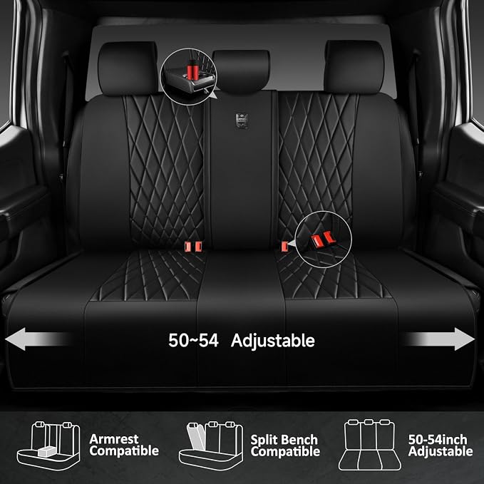 CAR PASS Luxury Faux Leather Rear Bench Car Seat Covers, Waterproof Anti Slip Back Seat Covers, Deluxe Automotive Backseat Cover Universal Fit for Most Cars Sedan SUV Pickup Truck (All Black)