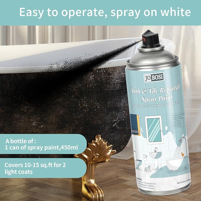 16Oz black bathtub and tiles for kitchen countertops, washbasins, bathtubs, flower POTS, bathroom walls, bathrooms, and glass Windows. Durable DIY paint, suitable for multiple surfaces such as ceramics, glass, metal, wood, etc. - Quick drying