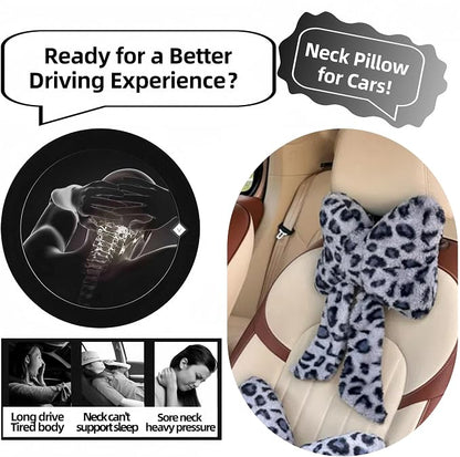 Car Neck Pillow 2PCS Plush Bowknot Car Headrest Pillow – Comfortable Neck Support for Driving Soft Touch Fabric Car Pillow Cute Interior Decor (Blue Leopard)