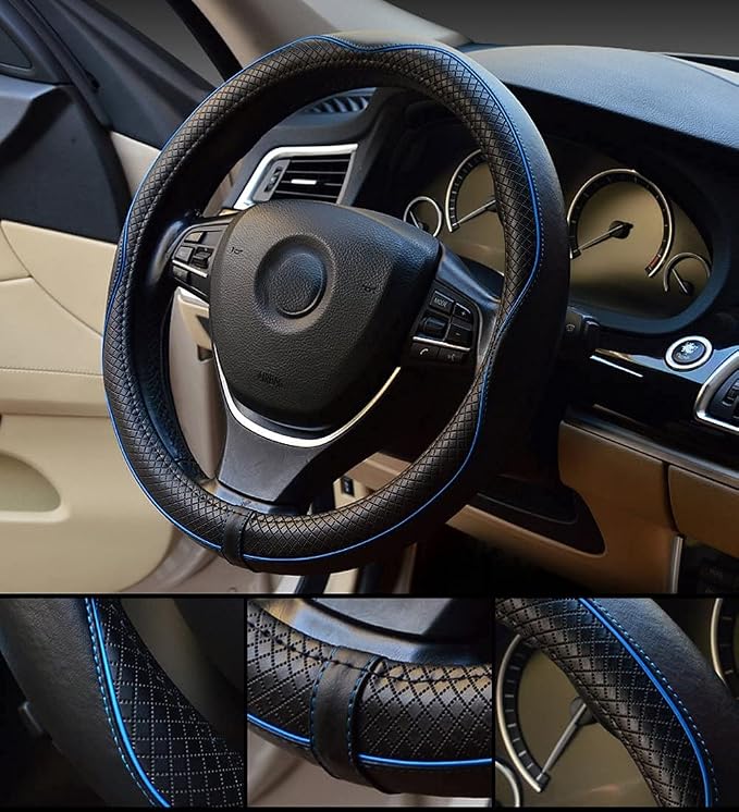 Valleycomfy Steering Wheel Covers Universal 15 inch - Genuine Leather, Breathable, Anti Slip & Odor Free (Black with Blue Lines, M(14" 1/2-15" 1/4))
