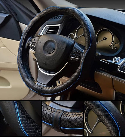 Valleycomfy Steering Wheel Covers Universal 15 inch - Genuine Leather, Breathable, Anti Slip & Odor Free (Black with Blue Lines, M(14" 1/2-15" 1/4))