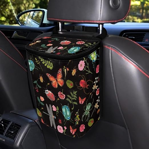 Car Trash Can with Lid and Zipper Cottagecore Insect Butterfly Dragon Beetle Print Collapsible Trash Bin Hanging Back of Seat Multipurpose Garbage Can for Women Storage Bag Organizer