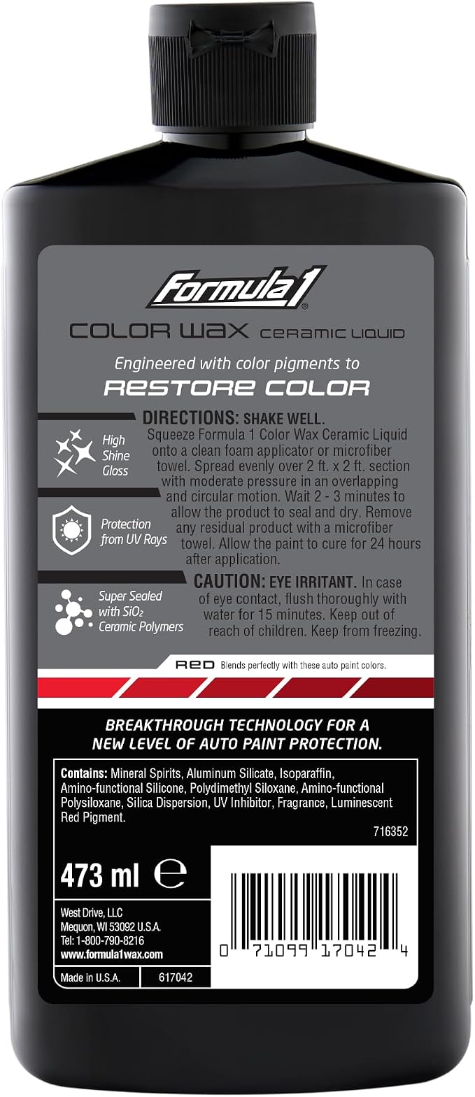 Formula 1 Color Wax Liquid for Red Cars, Gives Ceramic Water Beading Protection and Ultimate Shiny Finish, Fills Minor Scratches with Color-Match Pigment, 16 oz