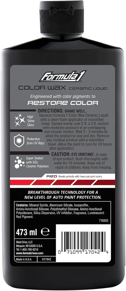 Formula 1 Color Wax Liquid for Red Cars, Gives Ceramic Water Beading Protection and Ultimate Shiny Finish, Fills Minor Scratches with Color-Match Pigment, 16 oz
