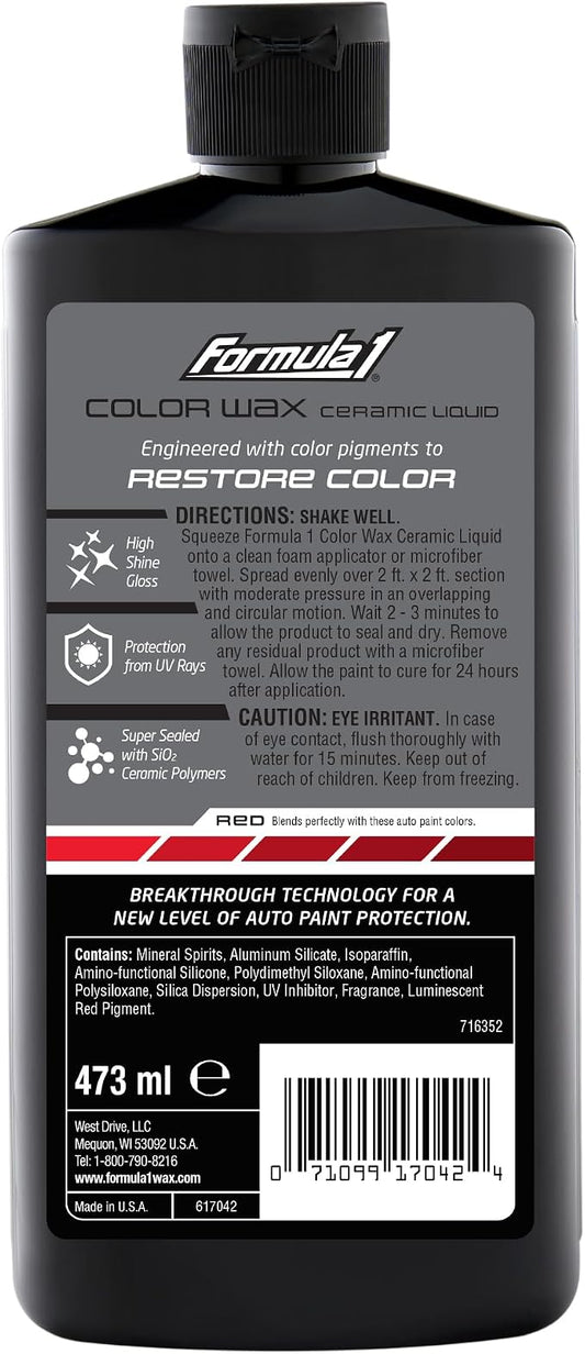 Formula 1 Color Wax Liquid for Red Cars, Gives Ceramic Water Beading Protection and Ultimate Shiny Finish, Fills Minor Scratches with Color-Match Pigment, 16 oz