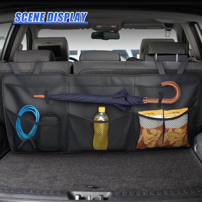Car Trunk Organizer, Backseat Hanging Storage Bag with 6 Pockets, Waterproof Collapsible Auto Seat Back Cargo Bag, Universal Space Saver Organizing Accessories for Sedan SUV Truck (Black)