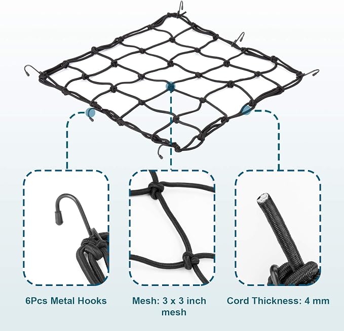 2Pack15.7 x15.7 Cargo Net, Made of Rubber Heavy Duty Bungee Net Stretches to 31.5"x31.5", Gear Helmet Luggage Thicken Netting with 3"x3" Small Mesh &6Adjustable Metal Hooks for Motorcycle, Bike, ATV