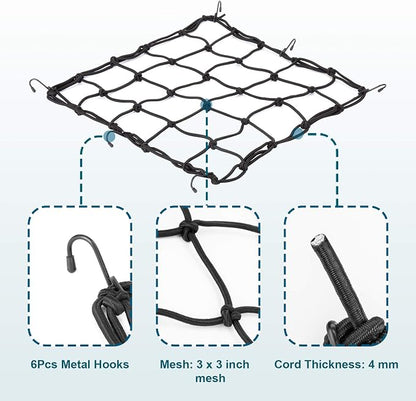 2Pack15.7 x15.7 Cargo Net, Made of Rubber Heavy Duty Bungee Net Stretches to 31.5"x31.5", Gear Helmet Luggage Thicken Netting with 3"x3" Small Mesh &6Adjustable Metal Hooks for Motorcycle, Bike, ATV