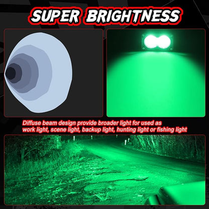 Green LED Pod Lights 3 Inch Auxiliary Driving Chase Light 2PCS Off Road Backup Fog Cube Light Bar Green Hunting Fishing Emergency Safety Signal Lights for Truck UTV Pickup Boat