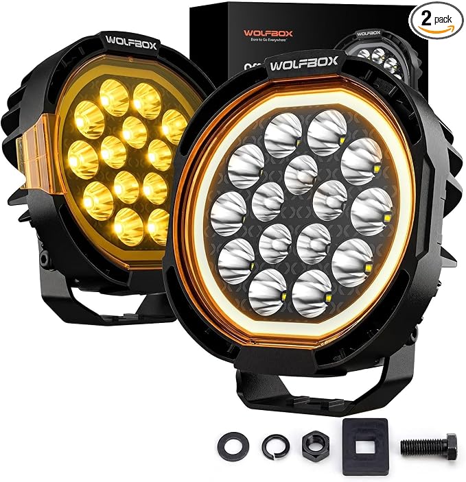 WOLFBOX 7 Inch LED Off Road Lights with True Power Lumens- Heavy Duty Driving Lights, High Output Beam Bumper Lights for Pickup SUV, Hardcore Industrial Grade Auxiliary Pods, IP69K Waterproof