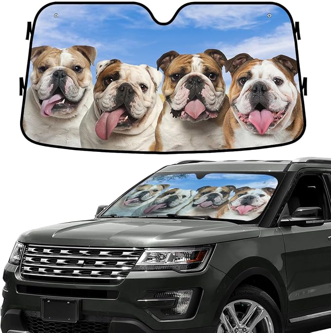 GENANY Cute English Bulldog Dog Group Funny Windshield Sun Shade for Car SUV Truck (55x30 Inches), Car Sun Shade Windshield, Protector Blocks UV, Spring Car Decor