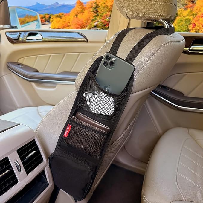 Car Seat Side Organizer, Auto Seat Storage Hanging Bag, Phones, Drink, Stuff Holder with Mesh Pocket for Cars, SUV & Truck