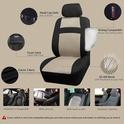 CAR PASS Seat Cover Full Sets, 3D Air Mesh Car Seat Cover with 5mm Composite Sponge Inside,Airbag Compatible Universal Fit for SUV,Vans,sedans, Trucks, Automotive Interior Covers (Black Beige)
