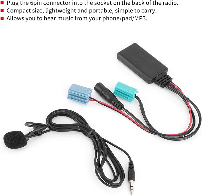 Bluetooth Audio Adapter,DC12V 6Pin Bluetooth Audio Cable Car Stereo AUX-in Adapter with Microphone ABS Fit for Clio/Espace/Megane