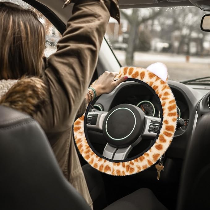 Accmor Fuzzy Leopard Print Car Steering Wheel Cover Women Car Accessories | Soft Furry, Non-Slip, Elastic Steering Wheel Covers, Universal 15 Inch Fit Auto, Suvs, Truck
