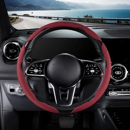 Nappa Leather Car Steering Wheel Cover for Men Women, Ultra-Thin Non-Slip Breathable Microfibre, Universal for 14.5"-15" Steering Wheel - Wine Red