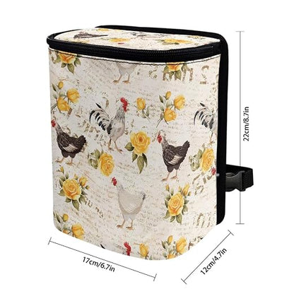 Talayituse Rooster Chicken Print Car Trash Can, Rose Letter Portable Auto Garbage Bin Valentine's Day Decor Multifunctional Vehicle Interior Accessories with Adjustable Straps Universal Fit SUV Sedan