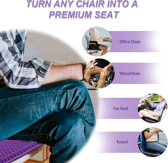 Purple Gel Seat Cushion for Long Sitting, 20" Extra Large Double Thick Cooling Chair Cushions for Office Chair, Wheelchair, Car Seat, Stadium Seat Cushion, Game Chair Pads for Tailbone Pain Relief