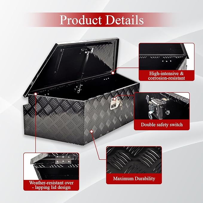 39''Inch Aluminum Trailer Tongue Tool Box Truck Bed Toolbox Truck Trailer Chest Box Underbody Storage Organizer Waterproof Square Storage Organizer w/Lock & Keys Black(‎39" Lx16.5 Wx12 H)