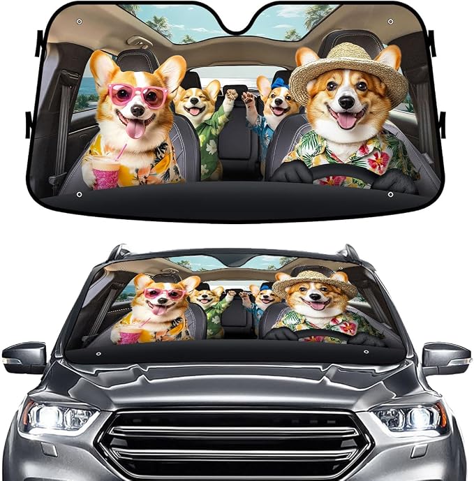 GENANY Corgi Family Funny Windshield Sun Shade for Car SUV Truck (55x30 Inches), Foldable Heat Shield, Shades for Front Windows, Protector Blocks UV, Car Decor