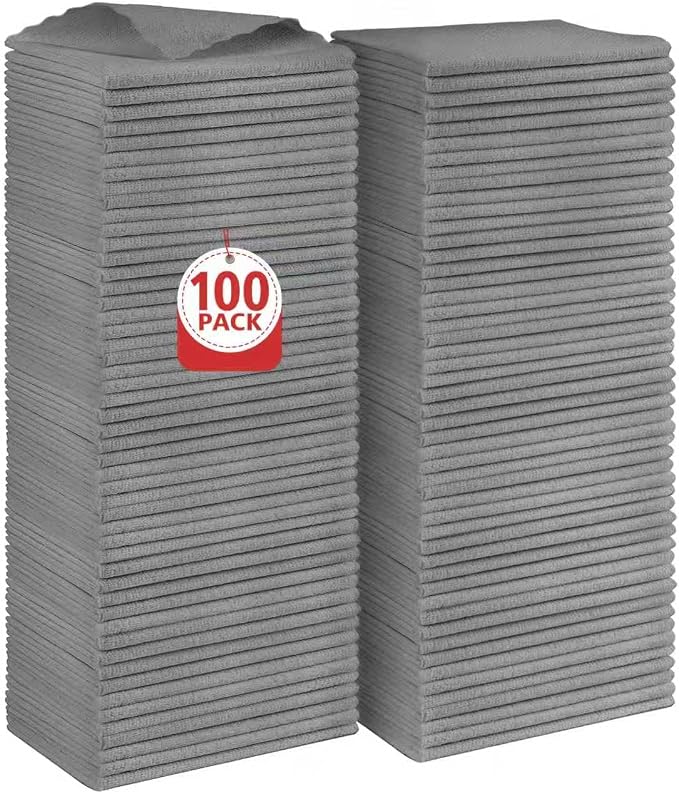 Orighty Microfiber Cleaning Cloth, 100 Pack Microfiber Towels for Cars, Multi-Purpose Shop Towels Cleaning Rags Bulk for Car, Home, Kitchen, 11.5’’ x 11.5’’, Grey