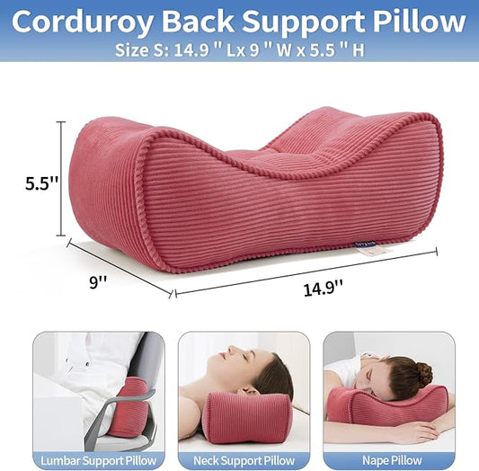 Lumbar Support Pillow for Study Desk Chair, Bite-Size Natural Latex Foam Back Support Pillow for Lower Back Pain Relief, Soft & Support Corduroy Office Chair Cushion, S, Pink