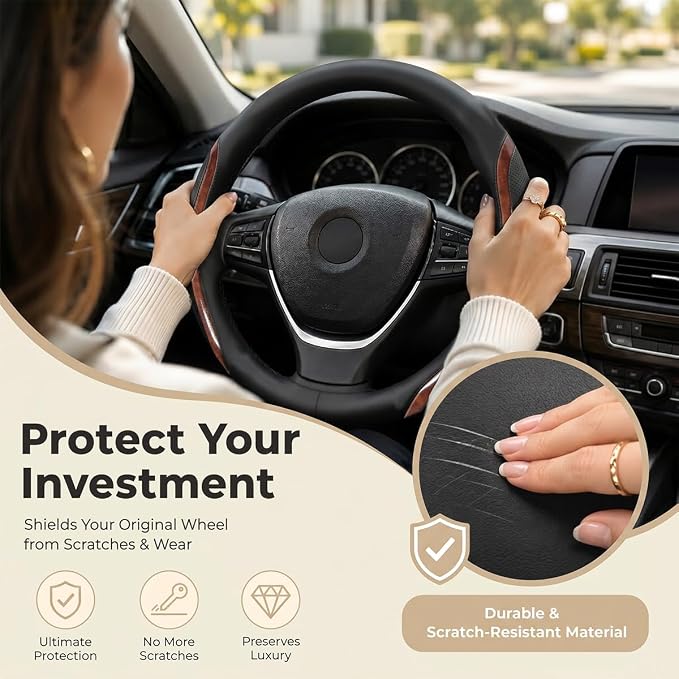 Steering Wheel Cover Black Wood Grain, Leather Car Steering Wheel Covers with Coasters Universal 14.5-15 inch Microfiber Breathable Anti-Slip Steering Wheel Accessories Set