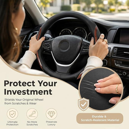 Steering Wheel Cover Black Wood Grain, Leather Car Steering Wheel Covers with Coasters Universal 14.5-15 inch Microfiber Breathable Anti-Slip Steering Wheel Accessories Set