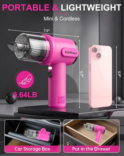 ThinkLearn 27pcs Car Cleaning Kit, 4-in-1 12000Pa Cordless Mini Handheld Vacuum Cleaner & Air Duster, Portable Pink Car Detailing Kit with Interior Accessories for Car, Home, Office, Gift for Women