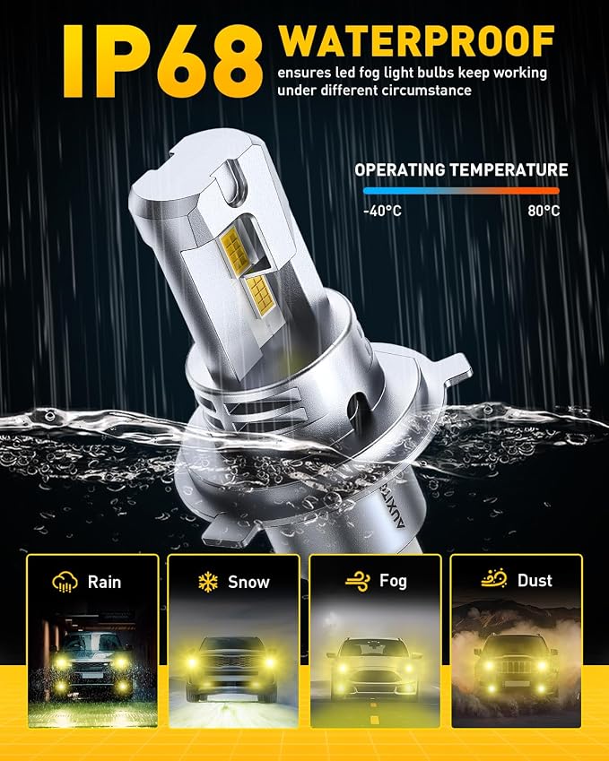 AUXITO H4 LED Bulbs Yellow Light 900% Ultra-Bright, 3000K Golden Yellow, Plug N Play, 50000Hrs Long Lifespan, No Flicker, 99% Compatibility, Pack of 2