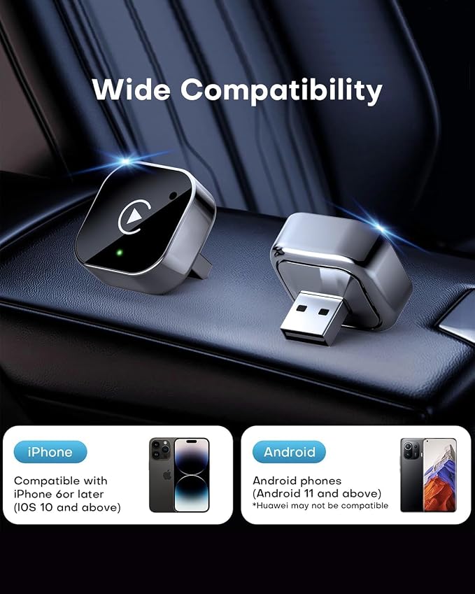Wireless CarPlay Adapter & Android Auto Dongle, Fast Auto-Connect, Compact Plug & Play Wireless CarPlay Converter for iPhone & Android, USB/USB-C, No Delay, Seamless Reconnection (Black)