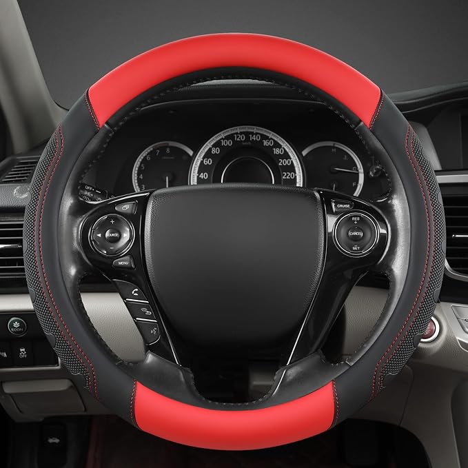GIANT PANDA Microfiber Leather Steering Wheel Cover for Honda Accord,Civic,CR-V,HR-V,Pilot(Black+Red-Standard Size)