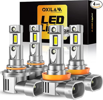 OXILAM H11/H9/H8 9005/HB3 LED Light Bulbs Combo, 100,000 Lumens 1200% Brighter 6500K Cool White H11 9005 Bulbs, IP68 Waterproof, 1:1 Beam Design, 60000Hrs Lifespan, No Flicker, Pack of 4
