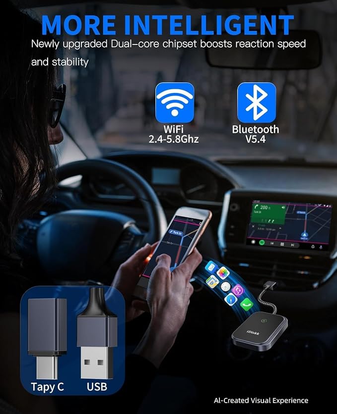 iDiskk Wireless CarPlay Adapter for iPhone and iOS 10+, Convert Wired CarPlay to Wireless, Plug-and-Play, 2025 Upgraded No Latency with USB C Wired CarPlay