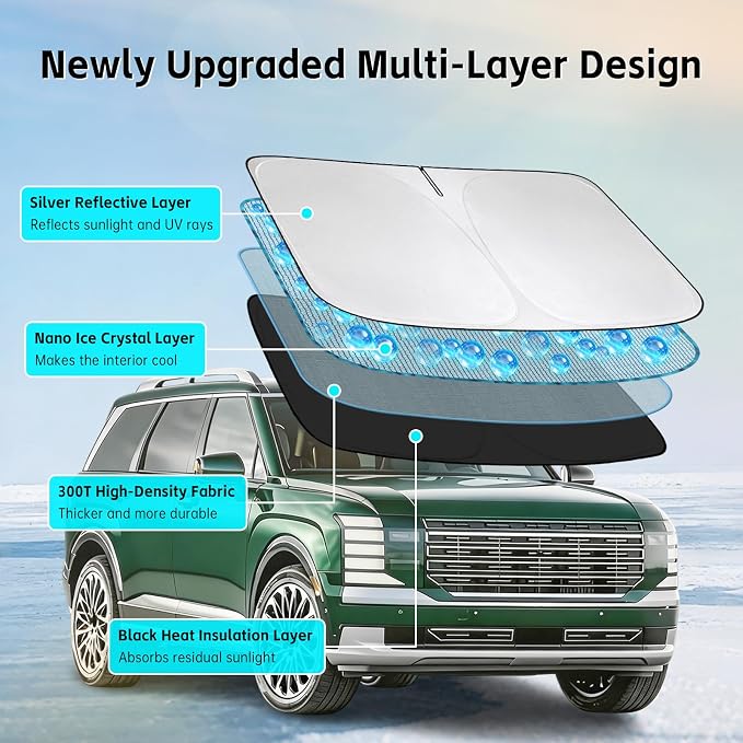 Windshield Sunshade for Hyundai Palisade 2020-2026 Sun Shade 300T Windshield Cover Protector Blocks UV Rays Custom Fit Palisade Front Window Shades Windshield Accessories Keep Cool Foldable