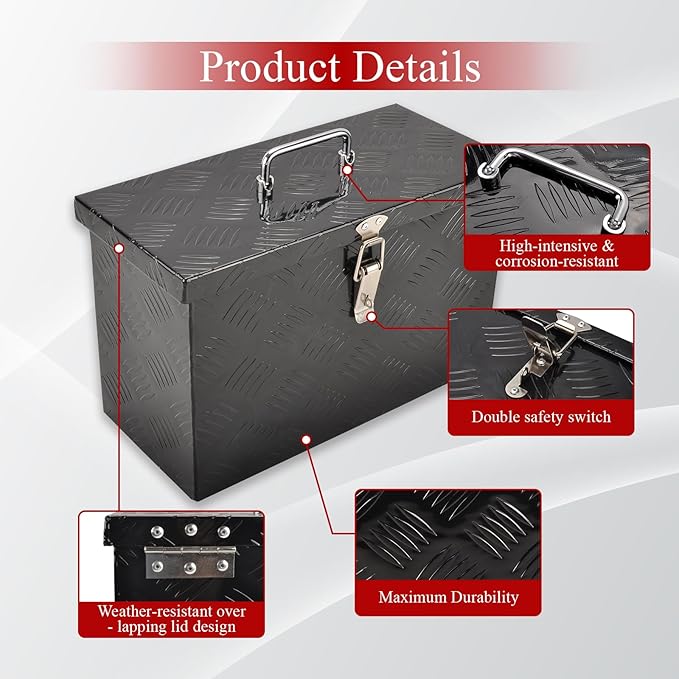 16''Inch Aluminum Truck Tool Box Truck Bed Toolbox Truck Trailer Chest Box Trailer Underbody Storage Organizer Waterproof Square Storage Organizer w/Lock & Keys Black(‎16" Lx7.5 Wx10 H)