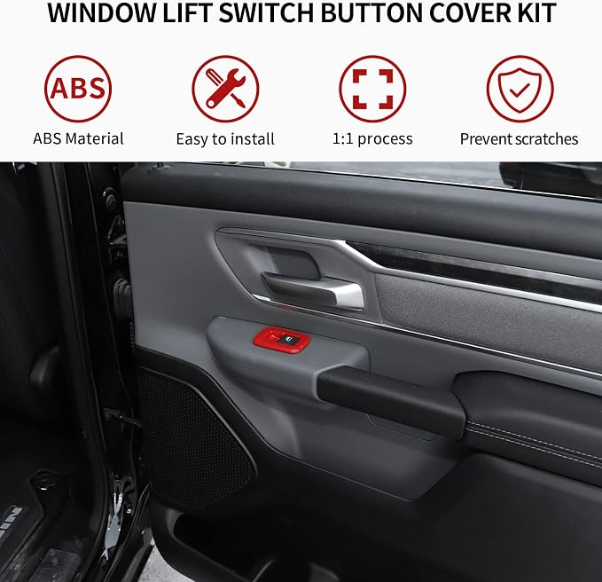 Window Lift Switch Cover Interior Button Trim Kit Compatible with 2018-2025 Dodge RAM (Red)